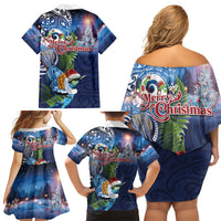 New Zealand Merry Christmas Family Matching Off Shoulder Short Dress and Hawaiian Shirt Maori Tribal Pattern with Xmas Tui Bird LT03 Mom's Dress Multicolor - Polynesian Pride
