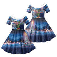 New Zealand Merry Christmas Family Matching Off Shoulder Short Dress and Hawaiian Shirt Maori Tribal Pattern with Xmas Tui Bird LT03 Daughter's Dress Multicolor - Polynesian Pride