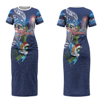 New Zealand Merry Christmas Family Matching Short Sleeve Bodycon Dress and Hawaiian Shirt Maori Tribal Pattern with Xmas Tui Bird LT03 - Polynesian Pride