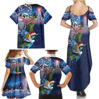 New Zealand Merry Christmas Family Matching Summer Maxi Dress and Hawaiian Shirt Maori Tribal Pattern with Xmas Tui Bird