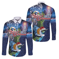 New Zealand Merry Christmas Family Matching Summer Maxi Dress and Hawaiian Shirt Maori Tribal Pattern with Xmas Tui Bird LT03 Dad's Shirt - Long Sleeve Multicolor - Polynesian Pride