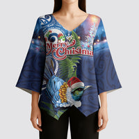 New Zealand Merry Christmas Kimono Sleeve Blouse Maori Tribal Pattern with Xmas Tui Bird