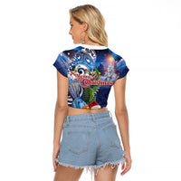 New Zealand Merry Christmas Raglan Cropped T Shirt Maori Tribal Pattern with Xmas Tui Bird
