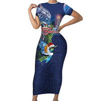 New Zealand Merry Christmas Short Sleeve Bodycon Dress Maori Tribal Pattern with Xmas Tui Bird LT03 Long Dress Multicolor - Polynesian Pride