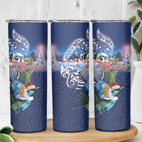 New Zealand Merry Christmas Skinny Tumbler Maori Tribal Pattern with Xmas Tui Bird
