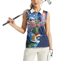 New Zealand Merry Christmas Women Sleeveless Polo Shirt Maori Tribal Pattern with Xmas Tui Bird