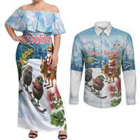 New Zealand and Australia Merry Christmas Couples Matching Off Shoulder Maxi Dress and Long Sleeve Button Shirt Kiwi Birds Skiing and Koala Santa Riding Kangaroo LT03 Multicolor - Polynesian Pride