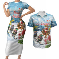 New Zealand and Australia Merry Christmas Couples Matching Short Sleeve Bodycon Dress and Hawaiian Shirt Kiwi Birds Skiing and Koala Santa Riding Kangaroo LT03 Multicolor - Polynesian Pride
