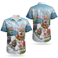 New Zealand and Australia Merry Christmas Couples Matching Short Sleeve Bodycon Dress and Hawaiian Shirt Kiwi Birds Skiing and Koala Santa Riding Kangaroo LT03 - Polynesian Pride