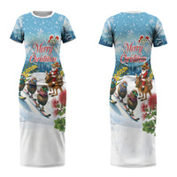 New Zealand and Australia Merry Christmas Couples Matching Short Sleeve Bodycon Dress and Hawaiian Shirt Kiwi Birds Skiing and Koala Santa Riding Kangaroo LT03