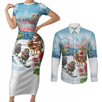 New Zealand and Australia Merry Christmas Couples Matching Short Sleeve Bodycon Dress and Long Sleeve Button Shirt Kiwi Birds Skiing and Koala Santa Riding Kangaroo LT03 Multicolor - Polynesian Pride