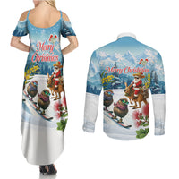 New Zealand and Australia Merry Christmas Couples Matching Summer Maxi Dress and Long Sleeve Button Shirt Kiwi Birds Skiing and Koala Santa Riding Kangaroo