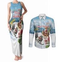 New Zealand and Australia Merry Christmas Couples Matching Tank Maxi Dress and Long Sleeve Button Shirt Kiwi Birds Skiing and Koala Santa Riding Kangaroo LT03 Multicolor - Polynesian Pride