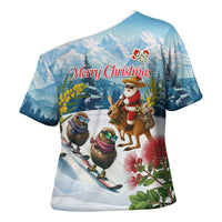 New Zealand and Australia Merry Christmas Cross Shoulder Shirt Kiwi Birds Skiing and Koala Santa Riding Kangaroo