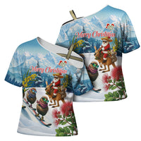 New Zealand and Australia Merry Christmas Cross Shoulder Shirt Kiwi Birds Skiing and Koala Santa Riding Kangaroo