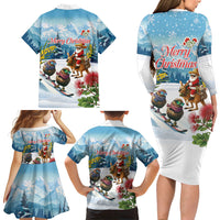 New Zealand and Australia Merry Christmas Family Matching Long Sleeve Bodycon Dress and Hawaiian Shirt Kiwi Birds Skiing and Koala Santa Riding Kangaroo LT03 Mom's Dress Multicolor - Polynesian Pride