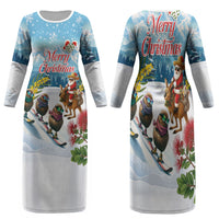 New Zealand and Australia Merry Christmas Family Matching Long Sleeve Bodycon Dress and Hawaiian Shirt Kiwi Birds Skiing and Koala Santa Riding Kangaroo LT03 Mom's Dress Multicolor - Polynesian Pride