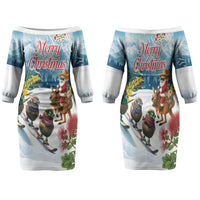 New Zealand and Australia Merry Christmas Family Matching Off The Shoulder Long Sleeve Dress and Hawaiian Shirt Kiwi Birds Skiing and Koala Santa Riding Kangaroo LT03 Mom's Dress Multicolor - Polynesian Pride