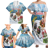 New Zealand and Australia Merry Christmas Family Matching Off Shoulder Maxi Dress and Hawaiian Shirt Kiwi Birds Skiing and Koala Santa Riding Kangaroo LT03 - Polynesian Pride