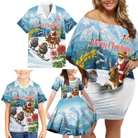 New Zealand and Australia Merry Christmas Family Matching Off Shoulder Short Dress and Hawaiian Shirt Kiwi Birds Skiing and Koala Santa Riding Kangaroo LT03 - Polynesian Pride