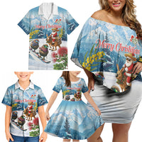 New Zealand and Australia Merry Christmas Family Matching Off Shoulder Short Dress and Hawaiian Shirt Kiwi Birds Skiing and Koala Santa Riding Kangaroo LT03 - Polynesian Pride