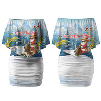 New Zealand and Australia Merry Christmas Family Matching Off Shoulder Short Dress and Hawaiian Shirt Kiwi Birds Skiing and Koala Santa Riding Kangaroo LT03 Mom's Dress Multicolor - Polynesian Pride