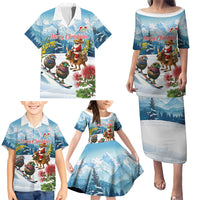 New Zealand and Australia Merry Christmas Family Matching Puletasi and Hawaiian Shirt Kiwi Birds Skiing and Koala Santa Riding Kangaroo LT03 - Polynesian Pride