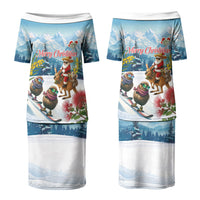 New Zealand and Australia Merry Christmas Family Matching Puletasi and Hawaiian Shirt Kiwi Birds Skiing and Koala Santa Riding Kangaroo LT03 Mom's Dress Multicolor - Polynesian Pride