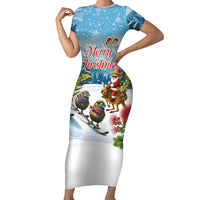 New Zealand and Australia Merry Christmas Family Matching Short Sleeve Bodycon Dress and Hawaiian Shirt Kiwi Birds Skiing and Koala Santa Riding Kangaroo