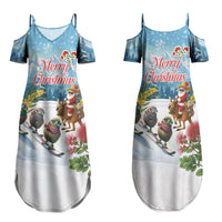New Zealand and Australia Merry Christmas Family Matching Summer Maxi Dress and Hawaiian Shirt Kiwi Birds Skiing and Koala Santa Riding Kangaroo LT03 Mom's Dress Multicolor - Polynesian Pride