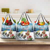 New Zealand and Australia Merry Christmas Grocery Bag Kiwi Birds Skiing and Koala Santa Riding Kangaroo