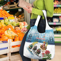 New Zealand and Australia Merry Christmas Grocery Bag Kiwi Birds Skiing and Koala Santa Riding Kangaroo