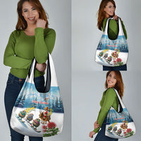 New Zealand and Australia Merry Christmas Grocery Bag Kiwi Birds Skiing and Koala Santa Riding Kangaroo