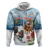 New Zealand and Australia Merry Christmas Hoodie Kiwi Birds Skiing and Koala Santa Riding Kangaroo