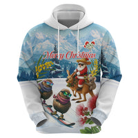 New Zealand and Australia Merry Christmas Hoodie Kiwi Birds Skiing and Koala Santa Riding Kangaroo