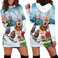 New Zealand and Australia Merry Christmas Hoodie Dress Kiwi Birds Skiing and Koala Santa Riding Kangaroo