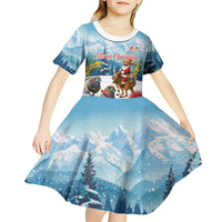 New Zealand and Australia Merry Christmas Kid Short Sleeve Dress Kiwi Birds Skiing and Koala Santa Riding Kangaroo