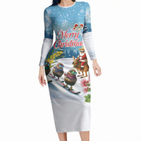 New Zealand and Australia Merry Christmas Long Sleeve Bodycon Dress Kiwi Birds Skiing and Koala Santa Riding Kangaroo LT03 Long Dress Multicolor - Polynesian Pride