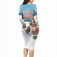 New Zealand and Australia Merry Christmas Long Sleeve Bodycon Dress Kiwi Birds Skiing and Koala Santa Riding Kangaroo LT03 - Polynesian Pride