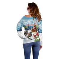 New Zealand and Australia Merry Christmas Off Shoulder Sweater Kiwi Birds Skiing and Koala Santa Riding Kangaroo