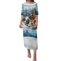 New Zealand and Australia Merry Christmas Puletasi Kiwi Birds Skiing and Koala Santa Riding Kangaroo LT03 Long Dress Multicolor - Polynesian Pride