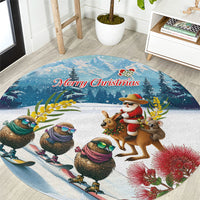 New Zealand and Australia Merry Christmas Round Carpet Kiwi Birds Skiing and Koala Santa Riding Kangaroo