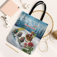 New Zealand and Australia Merry Christmas Tote Bag Kiwi Birds Skiing and Koala Santa Riding Kangaroo