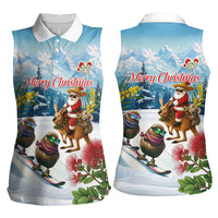 New Zealand and Australia Merry Christmas Women Sleeveless Polo Shirt Kiwi Birds Skiing and Koala Santa Riding Kangaroo