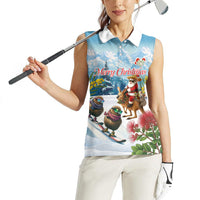 New Zealand and Australia Merry Christmas Women Sleeveless Polo Shirt Kiwi Birds Skiing and Koala Santa Riding Kangaroo