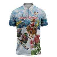 New Zealand and Australia Merry Christmas Zipper Polo Shirt Kiwi Birds Skiing and Koala Santa Riding Kangaroo LT03 Multicolor - Polynesian Pride