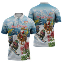 New Zealand and Australia Merry Christmas Zipper Polo Shirt Kiwi Birds Skiing and Koala Santa Riding Kangaroo LT03 - Polynesian Pride