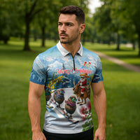New Zealand and Australia Merry Christmas Zipper Polo Shirt Kiwi Birds Skiing and Koala Santa Riding Kangaroo LT03 - Polynesian Pride
