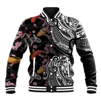 Hawaiian and Japanese Together Baseball Jacket Polynesian Triball Tattoo Koi Carps and Sakura LT03 Unisex Black - Polynesian Pride