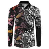 Hawaiian and Japanese Together Button Sweatshirt Polynesian Triball Tattoo Koi Carps and Sakura LT03 Black - Polynesian Pride